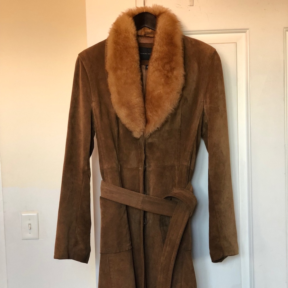 Banana Republic Suede coat with faux fur collar